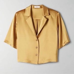 Babaton Aritzia women’s yellow gold button down short sleeve blouse size large